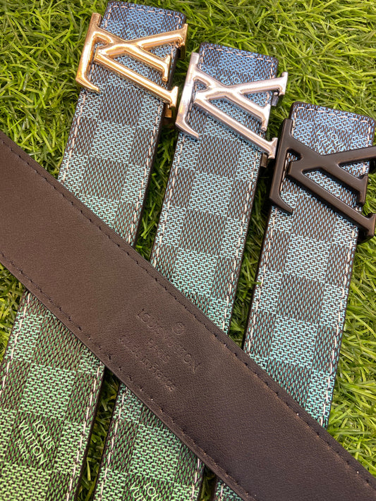 Vl UOL Dark Multi Colour Check Monogram Print Premium Quality Metal Buckle Men’s Belt 114562