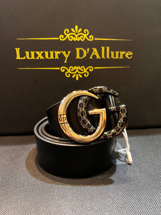 Cug Guc Black Strap Black Gold Buckle Men’s Belt 64663