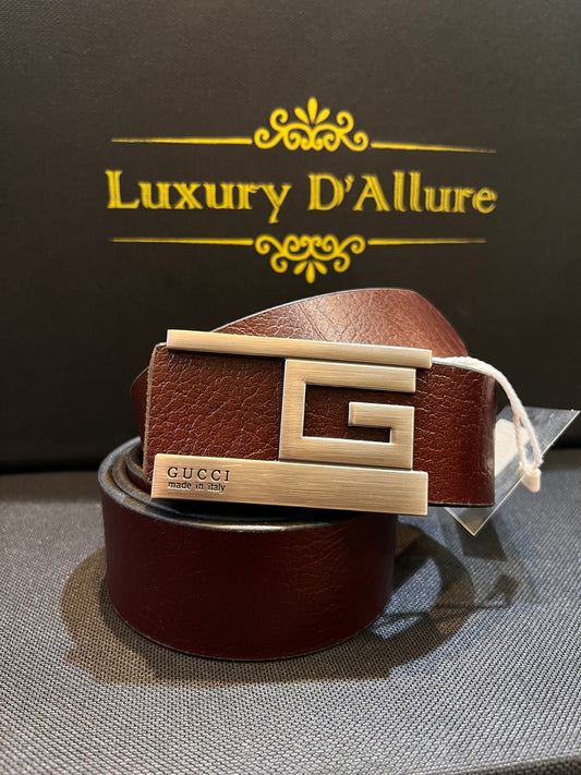 Cug Guc Brown Strap Silver Graise Buckle Men’s Belt 64624