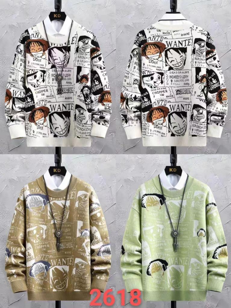 Beige Colour With Anime Print Premium Quality Oversized Unisex Sweater 93314