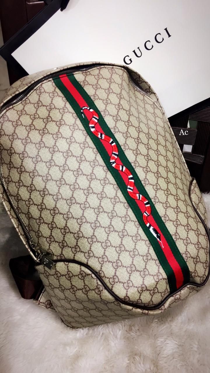 Guc Cug Beige Brown Green stripe Snake Large Size Backpack 1101