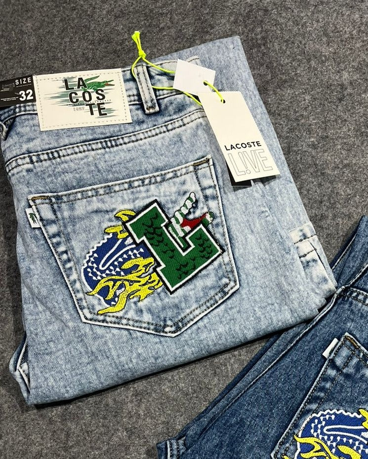 CAL Sky Blue With Back Pocket L Crocodile Embroidery Looser Fit Straight Fit Jeans 19312
