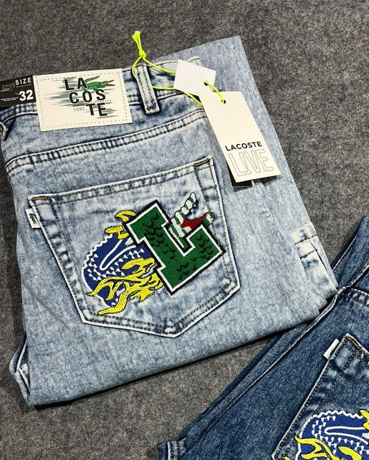 CAL Blue With Back Pocket L Crocodile Embroidery Looser Fit Straight Fit Jeans 19313