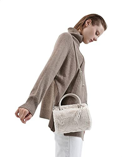 CHARLES & KEITH Fur Fabric Top Handle Bag with Shoulder Strap for Women - Off White