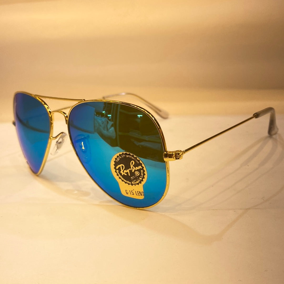 YAR RB Glossy Gold Frame Blue Shade Unisex Aviator Sunglasses RB3026 62 14 138