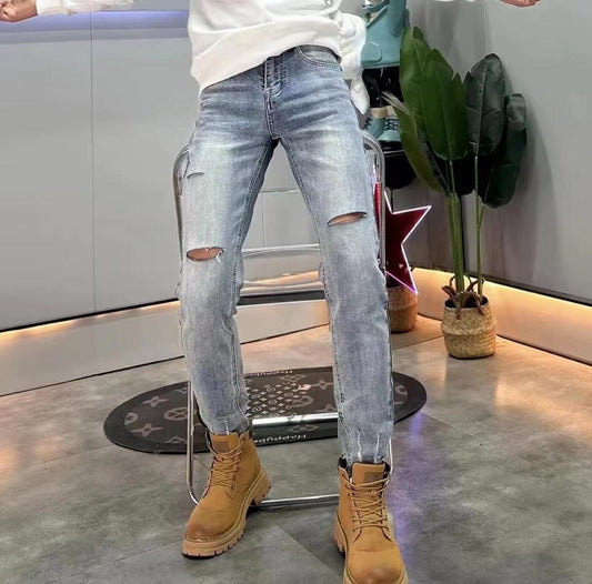 YC JEANS Blue Faded With Ripped Slim Fit Jeans 6016