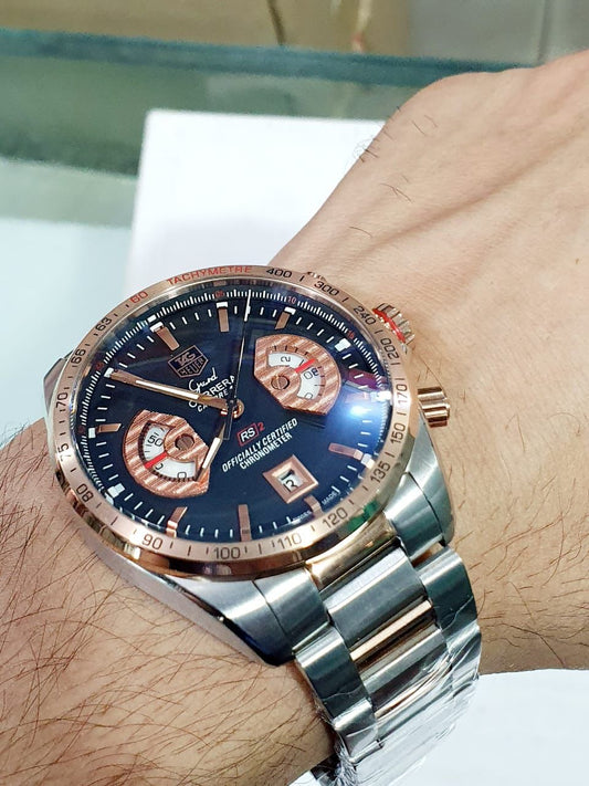 gat Silver Copper Chain Copper Ring Black Dial Chrono Watch for Men