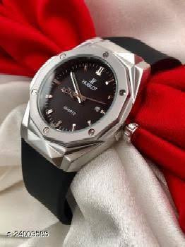 Buh Black Strap Silver  Ring Black Dial Men Watch