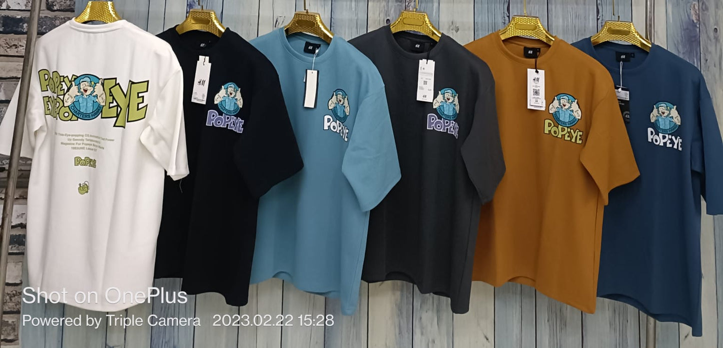 POPEYE Navy Blue Colour With Back Print Drop Shoulder Lycra Fabric TShirt 298128