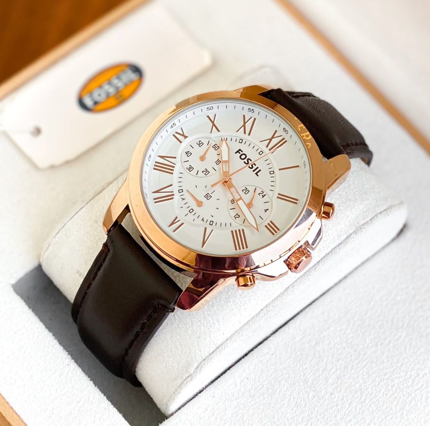 Brown Strap Copper Chrono Men Watch Formal White Dial Casual Leather 400692
