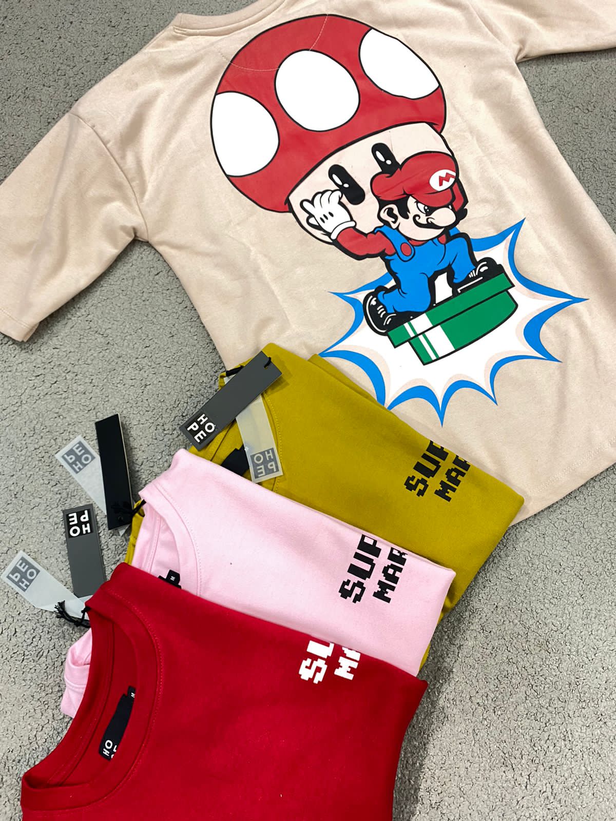 HOPE Beige Colour With Super Mario Back Print Drop Shoulder TShirt 108565