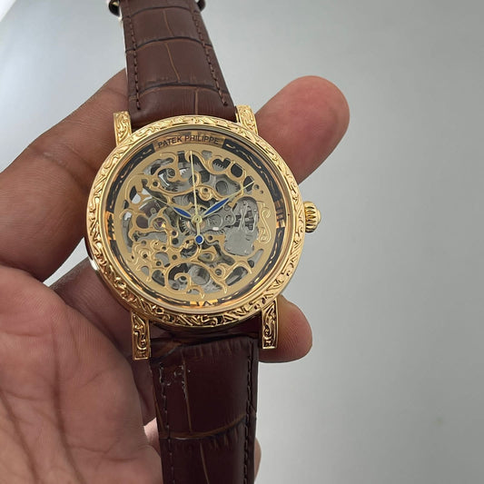 Pp Brown Strap Gold Dial Automatic Watch