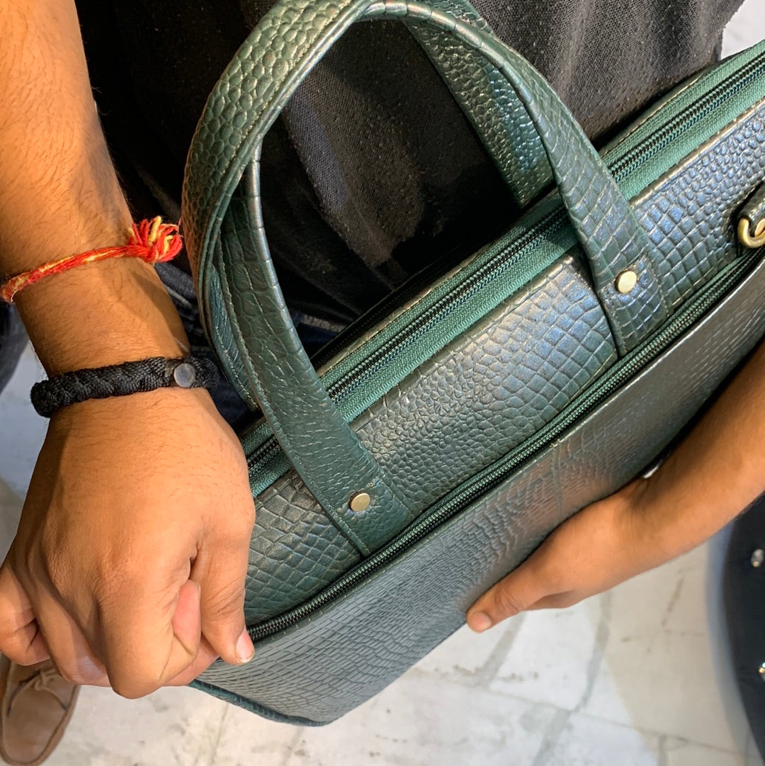 Green Colour  Genuine Leather Heavy Quality Crock Print Laptop Bag 4216