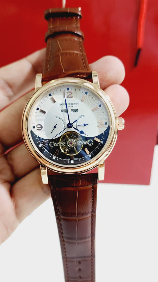 Brown Strap Black White Dial Copper Ring Automatic Man Watch