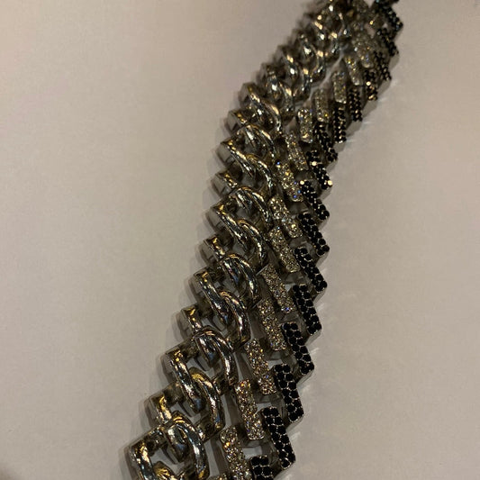 Silver Colour Silver Black Diamond Studded Cuban Necklaces 75092