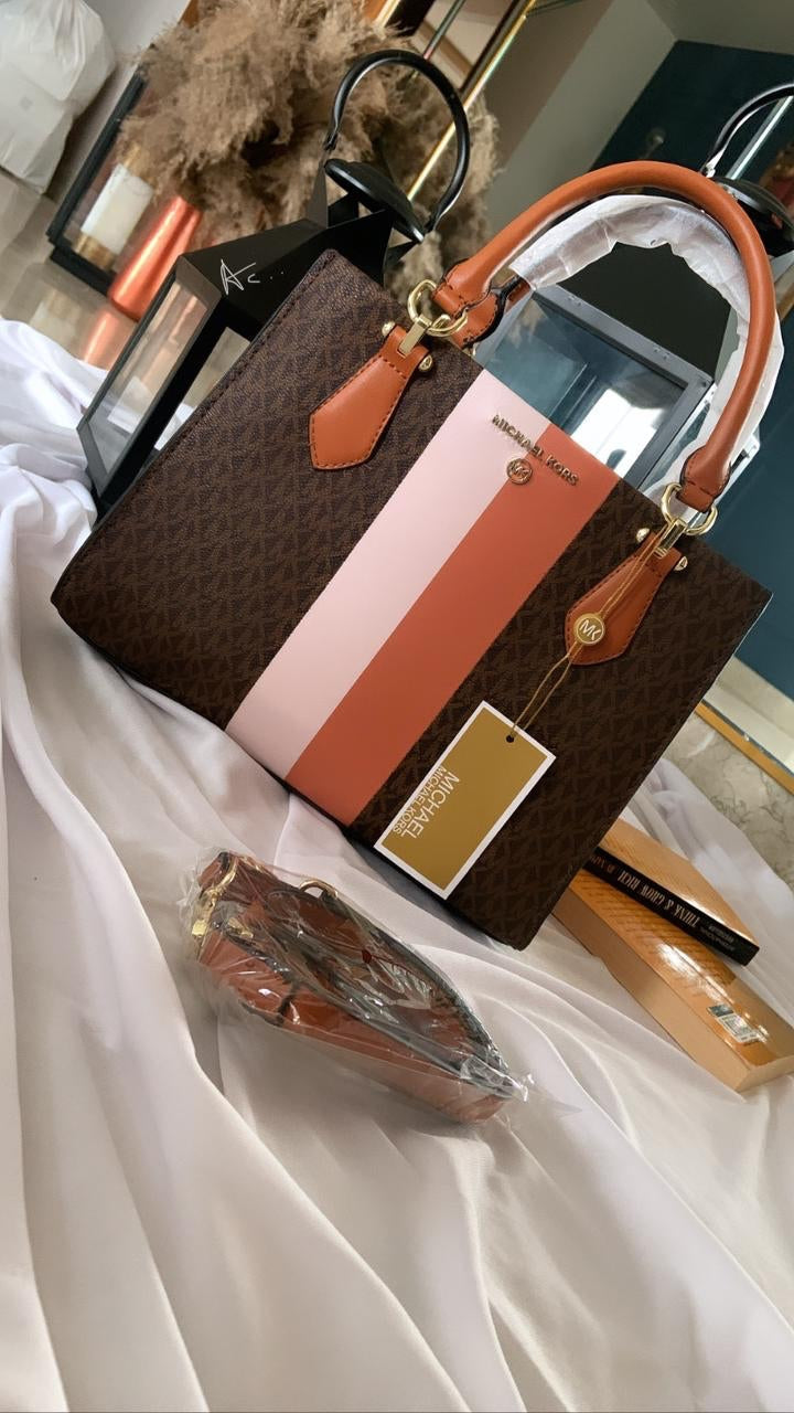 KM CIM Brown Pink Colour With Pink Stripes Design Premium Quality Small Ladies Hand Tote Bag Ladies Bag 50021