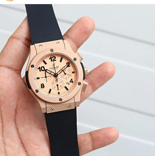 Buh Black Copper Dial Chrono Leather Silicone Strap Watch For Men