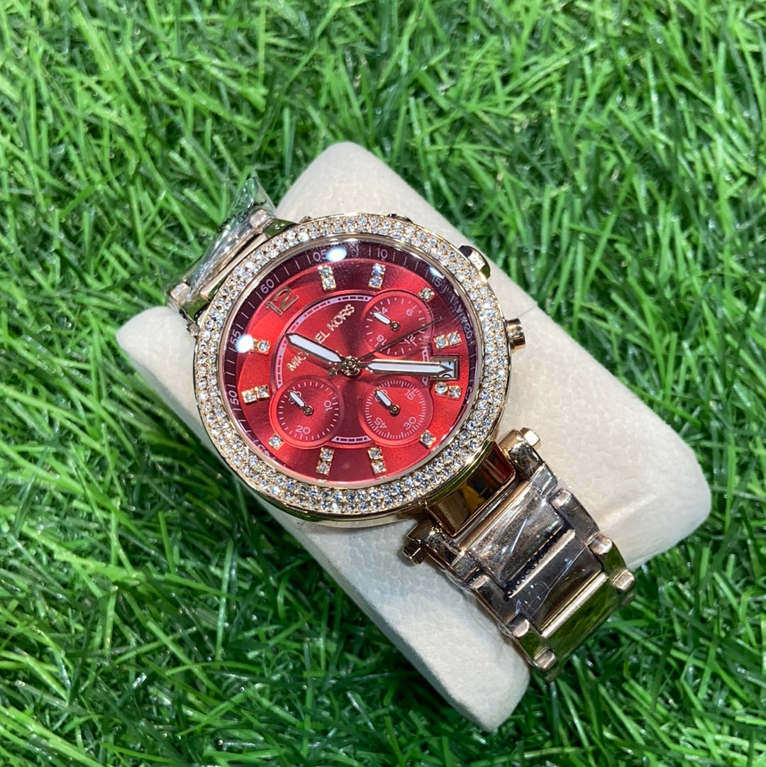 Cim Red Copper Chrono Stud CIM Ladies Chain Watch