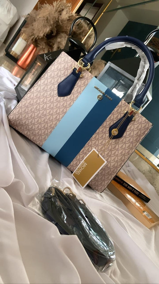 KM CIM Cream Navy Blue Colour With Blue Stripes Design Premium Leather Quality Small Ladies Handbag Tote Bag Ladies Bag 43629