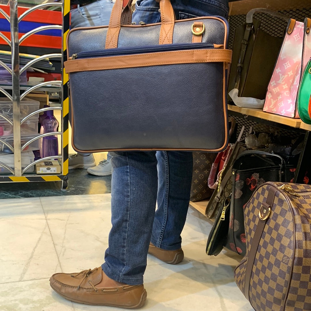 Navy Blue Brown Colour Double Zipper Genuine Leather Laptop Bag 4215
