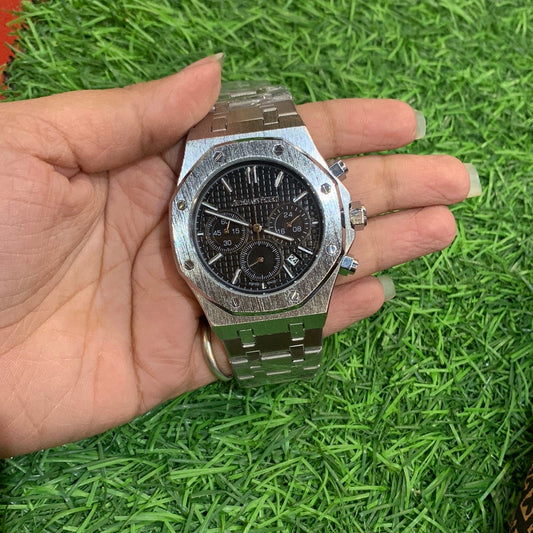 DUA Silver Chain Black Dial Chrono Working Men Watch