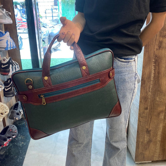 Green Maroon Colour Zipper Genuine Leather Laptop Bag 4204