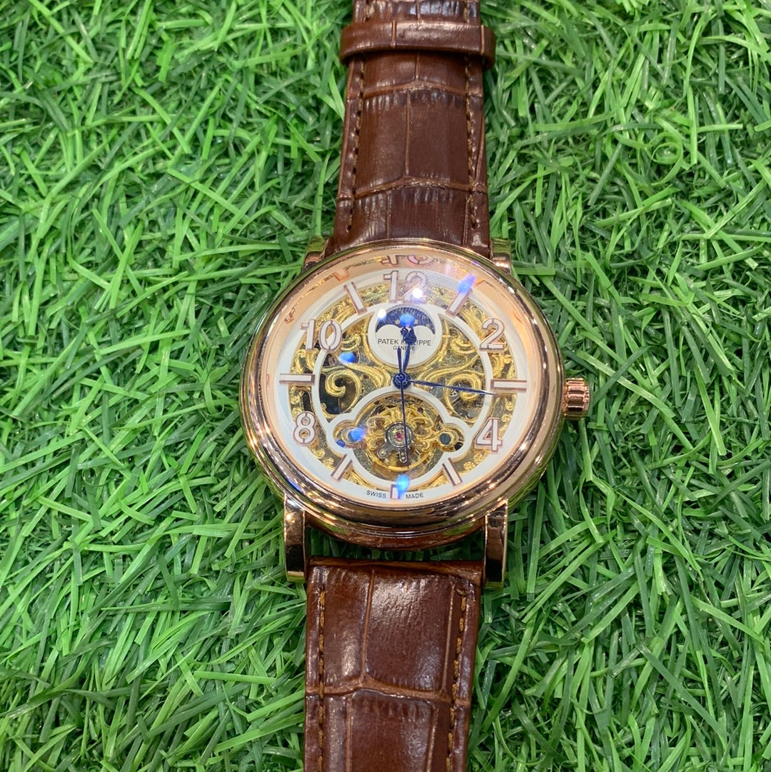 Tap Brown Strap White Gold Dial Automatic Men Watch