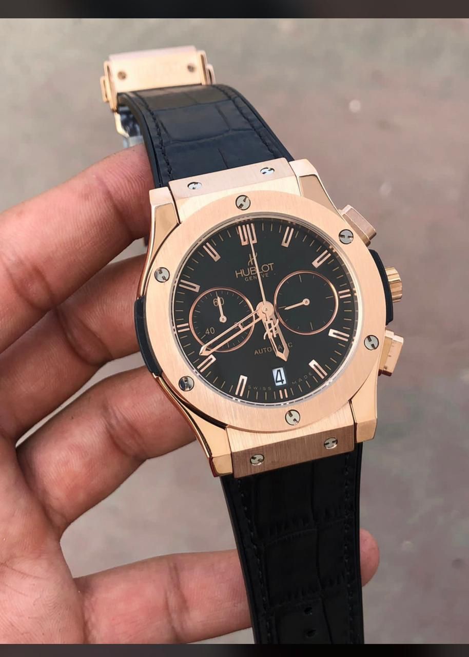 Buh Black Leather Strap Copper Ring Black Dial Men Watch 901255