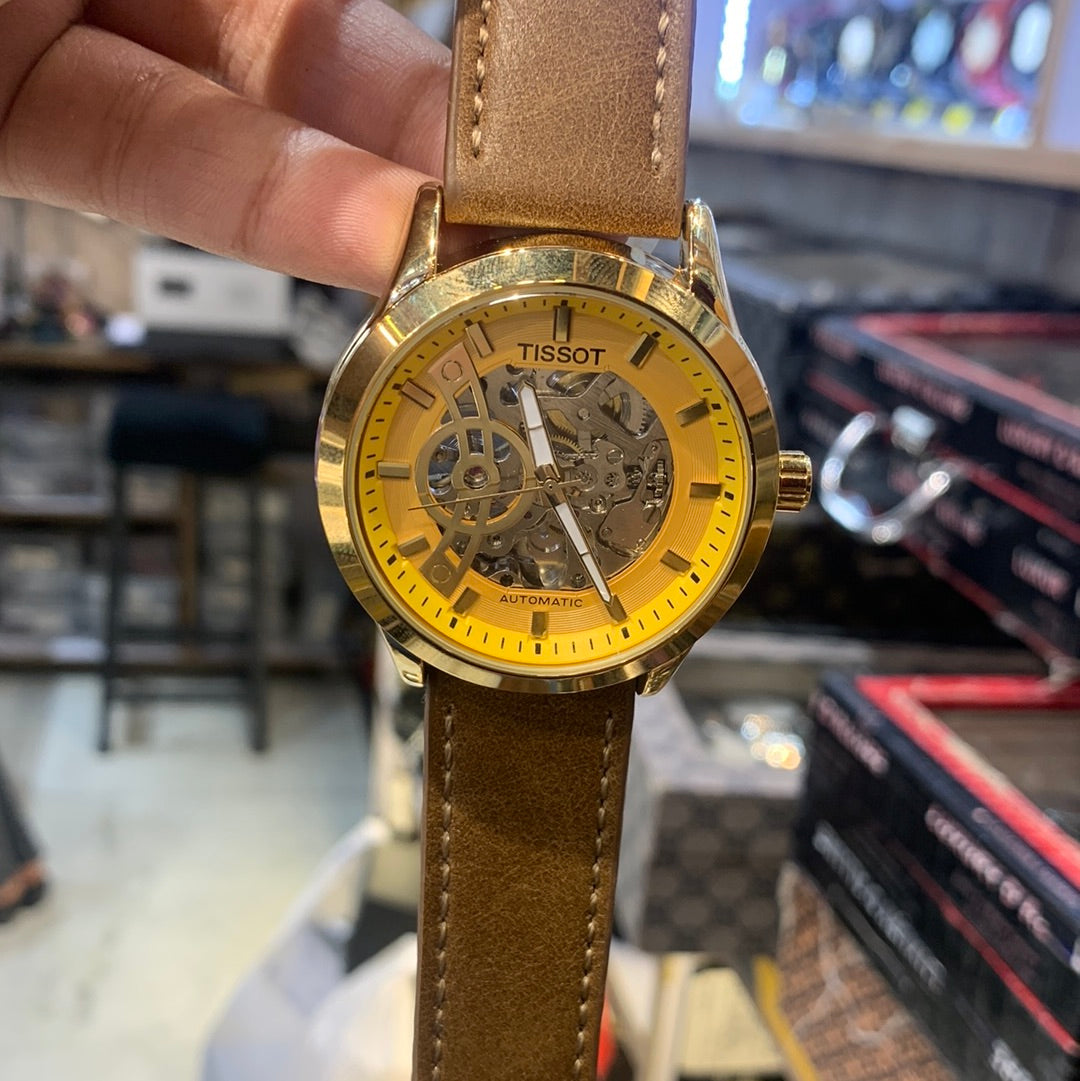 Sit Brown Strap Golden Dial Automatic Man Watch