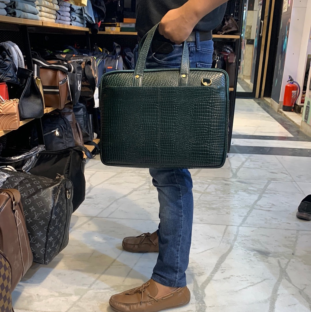 Green Colour  Genuine Leather Heavy Quality Crock Print Laptop Bag 4216