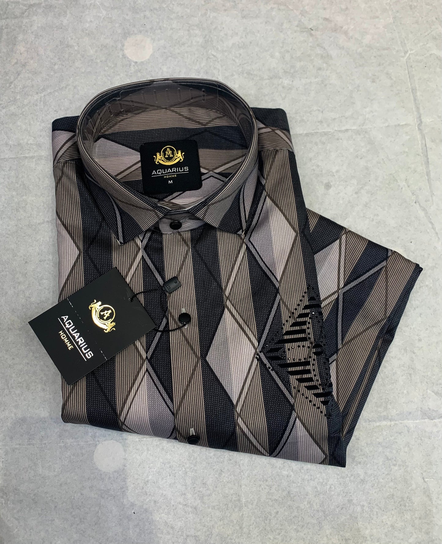 Aquarius Grey Brown Color with Black Diamond Print Studded Design Premiere Quality Full sleeve Shirt 2235
