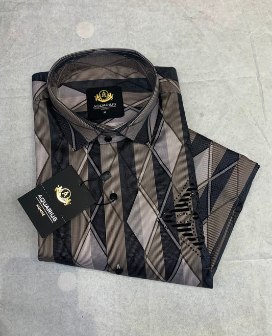 Aquarius Grey Brown Color with Black Diamond Print Studded Design Premiere Quality Full sleeve Shirt 2235