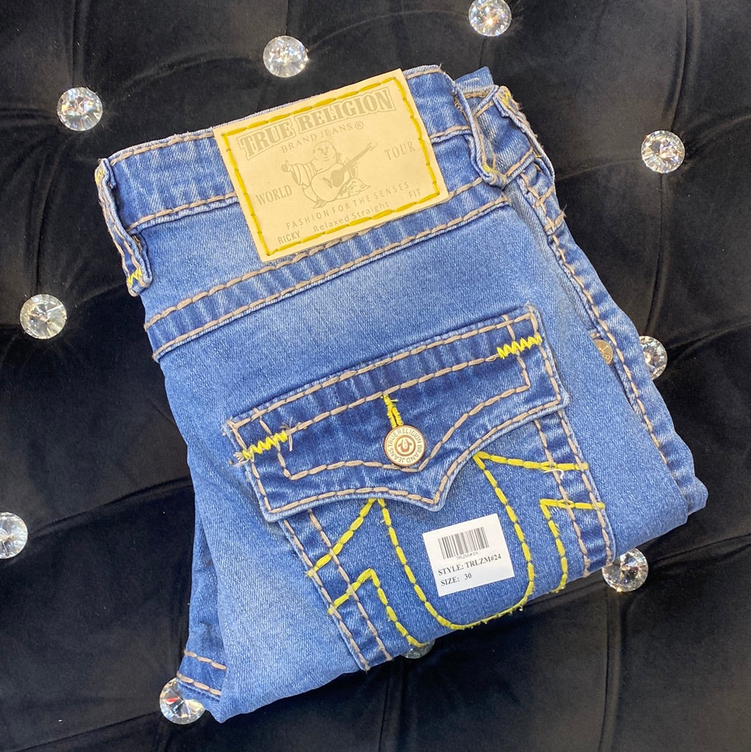 TR Sky Blue Yellow Thread Button Straight Fit Jeans for Men Boys 110301