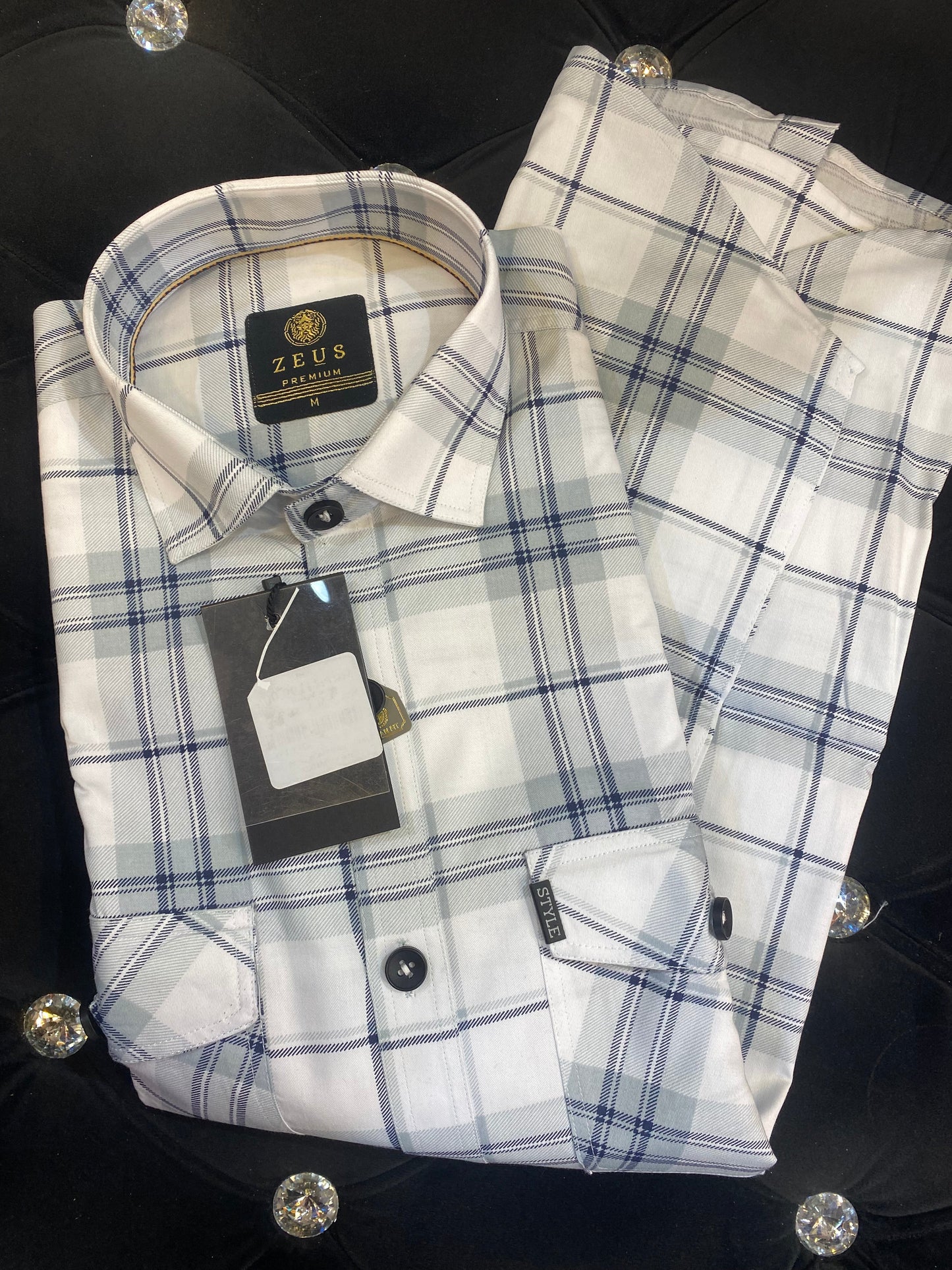 ZEUS White Grey Colour With Check Print Double Pocket Lycra Cotton Full Sleeves Shirt 567894