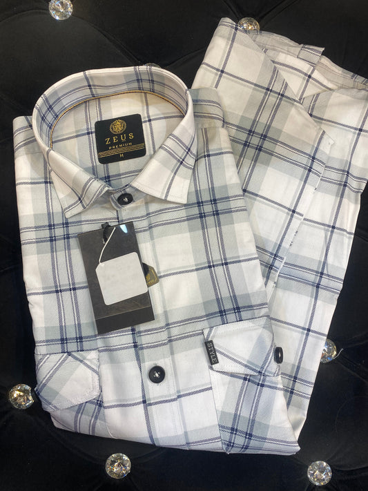 ZEUS White Grey Colour With Check Print Double Pocket Lycra Cotton Full Sleeves Shirt 567894