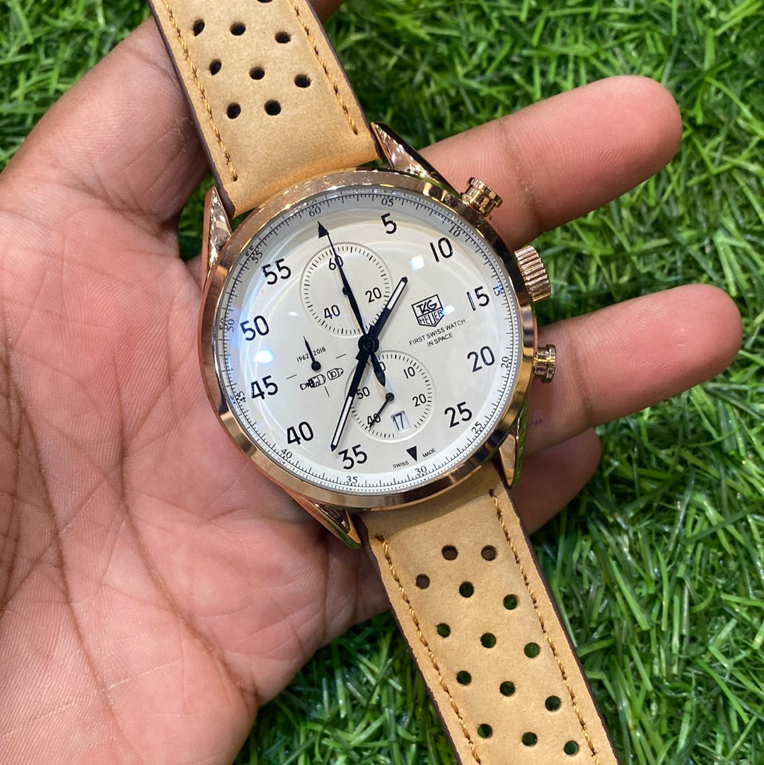 GAT Tan Leather Strap White Dial Chrono Watch for Men