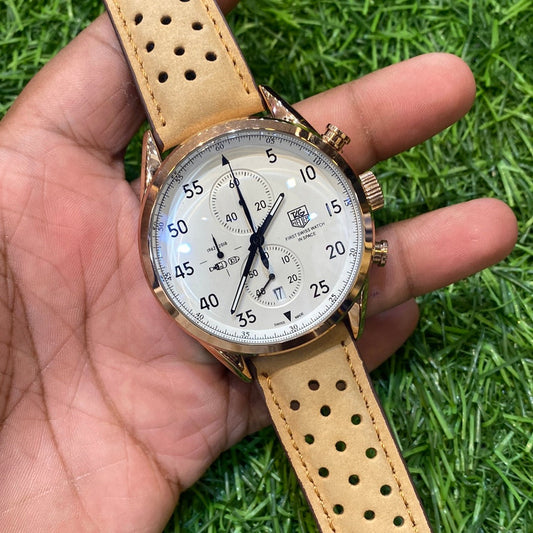 GAT Tan Leather Strap White Dial Chrono Watch for Men