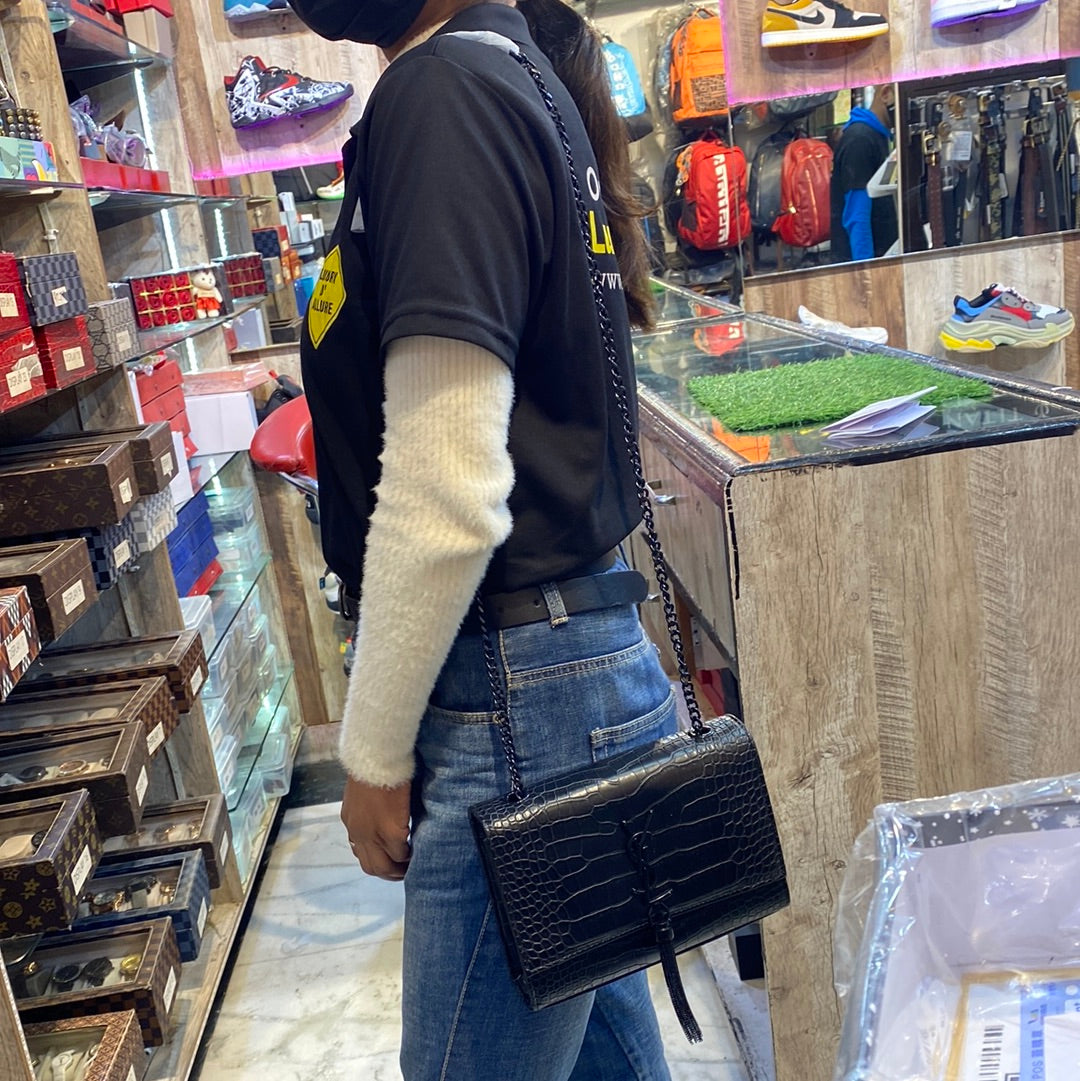 Black Crocodile Sling Bag with Chain Sling Belt 10899