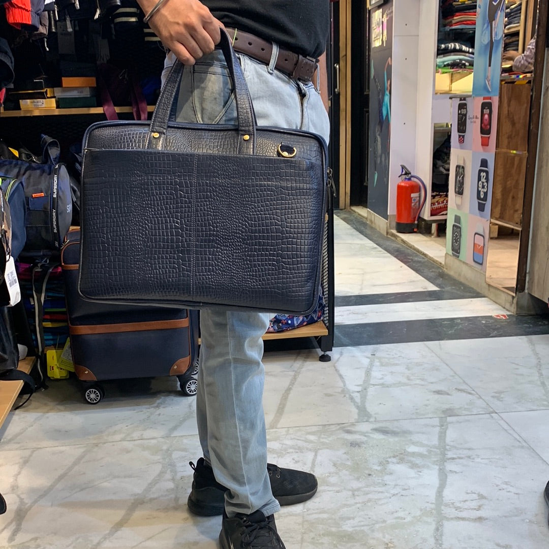 Navy Blue Colour Genuine Leather  Heavy Quality Crock Print Laptop Bag 4217