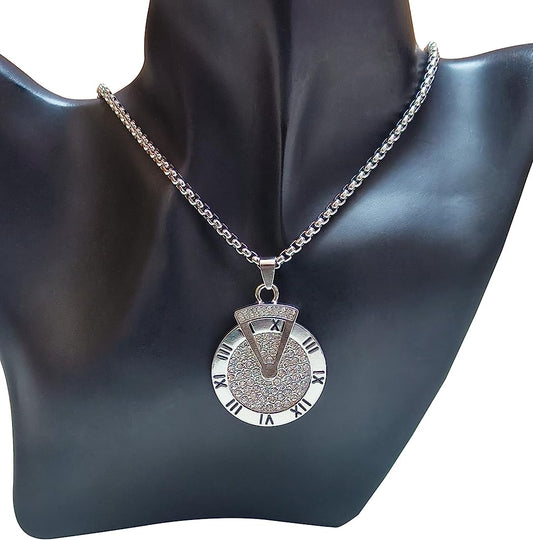 Sliver Rhinestone Round Dial Pocket Clock Watch in Roman Numbers Pendant Necklace Chain 50293