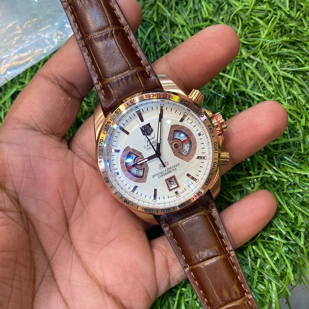 Tag Gat Brown Leather Strap White Dial Chrono Watch for Men