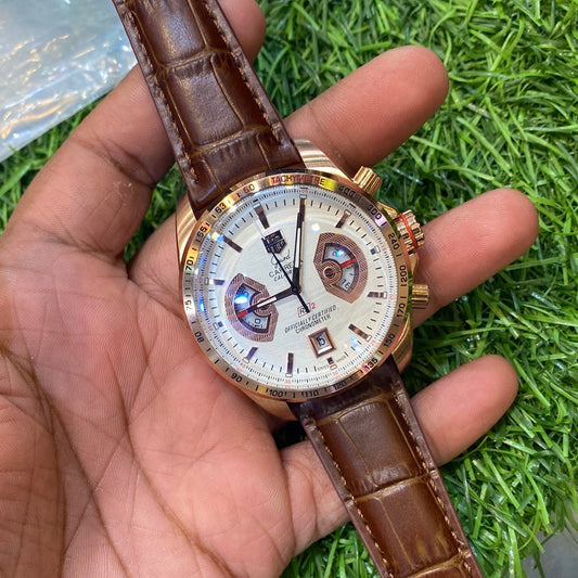 Tag Gat Brown Leather Strap White Dial Chrono Watch for Men