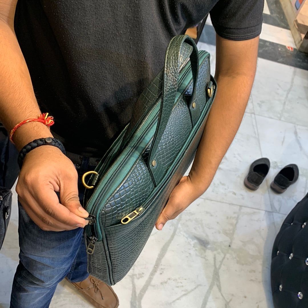 Green Colour  Genuine Leather Heavy Quality Crock Print Laptop Bag 4216