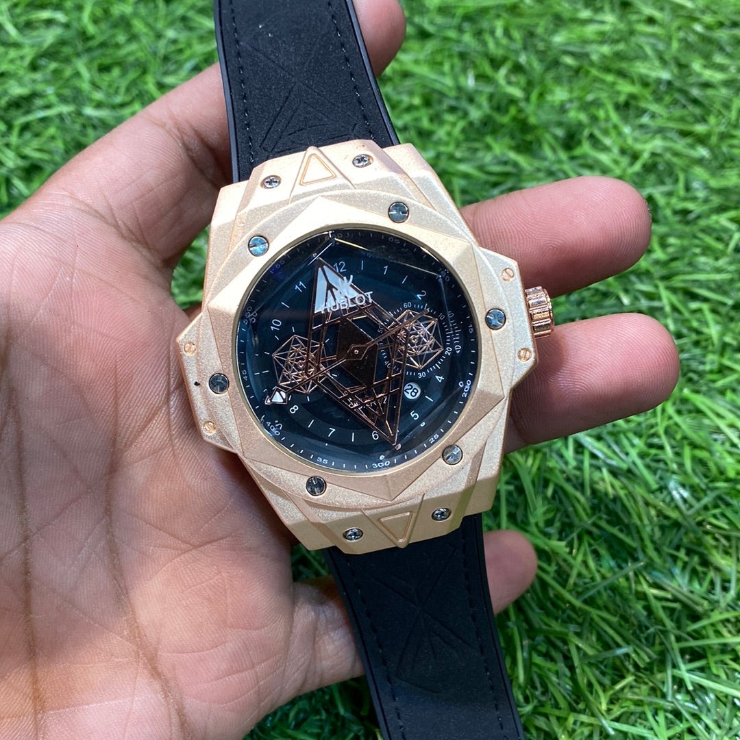 Black Strap Rosegold Ring Black Dial Men’s Watch. 401175