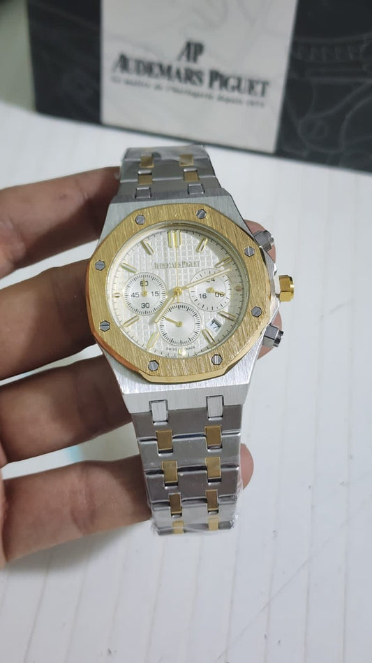 Dua Silver Gold Chain White Dial Chrono Working Men Watch