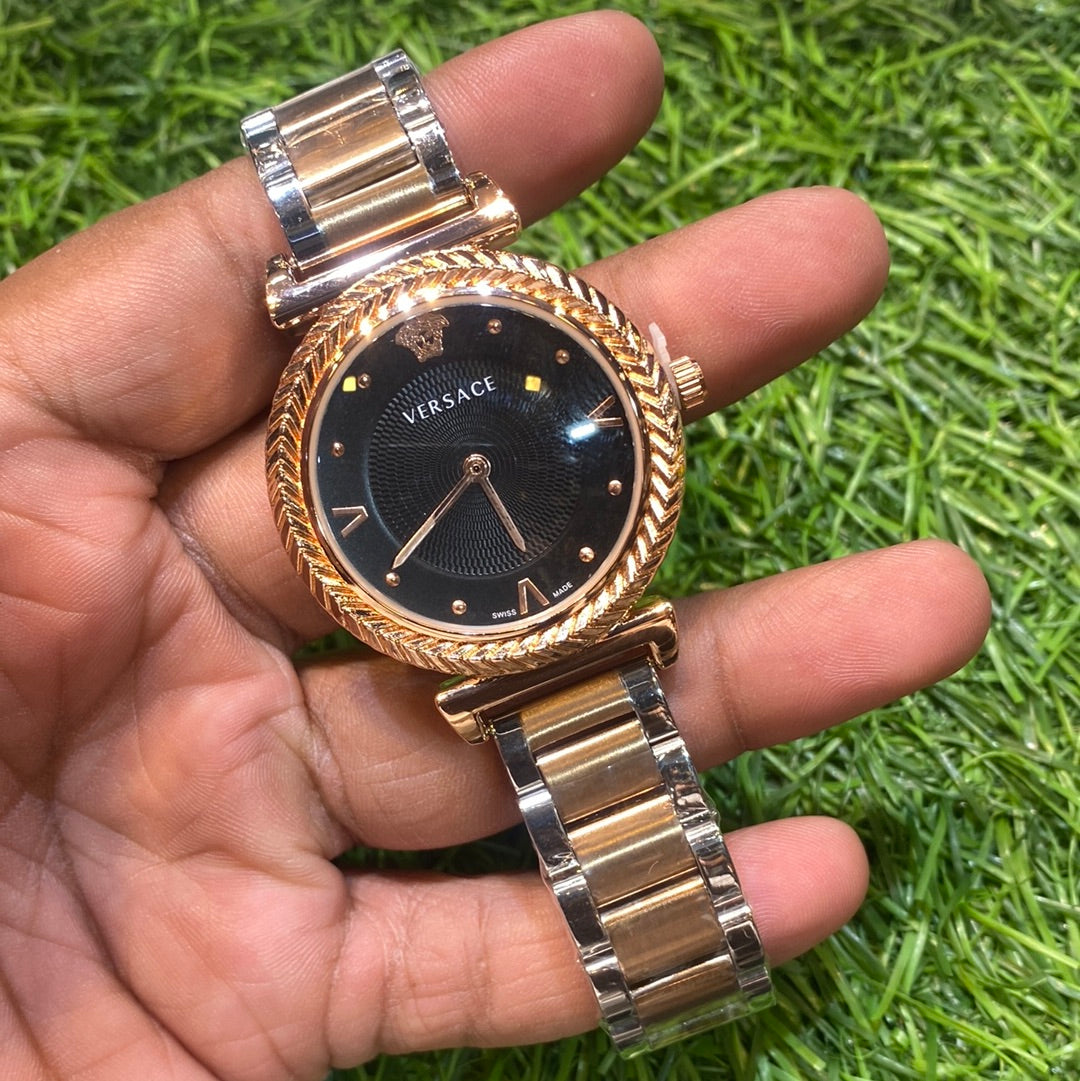 Silver Copper Chain Copper Ring Black Dial Ladies Watch   401300