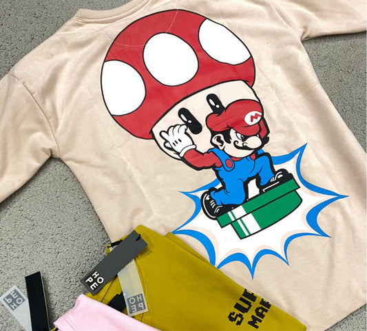 HOPE Beige Colour With Super Mario Back Print Drop Shoulder TShirt 108565