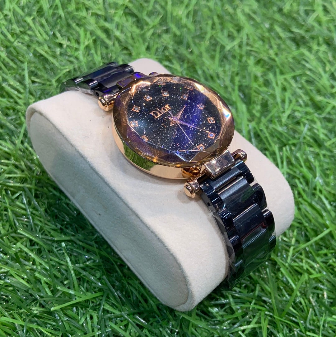 Oid Black Chain Black Dial Copper Ring Ladies Watch