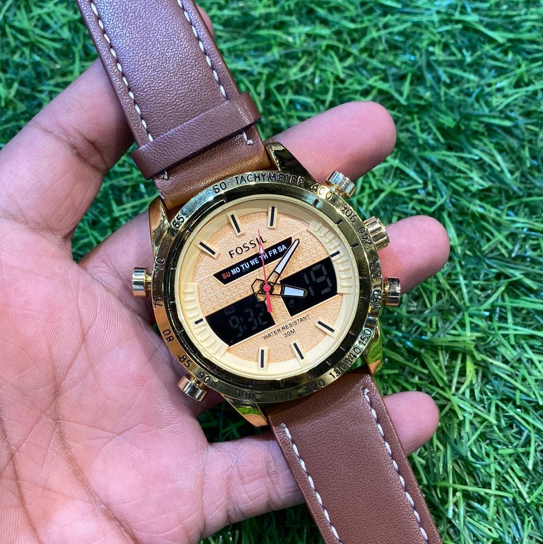 SOF Brown Strap Gold Dial  Analog Digital Strap Watch 400601