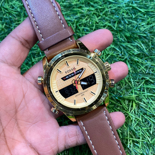SOF Brown Strap Gold Dial  Analog Digital Strap Watch 400601